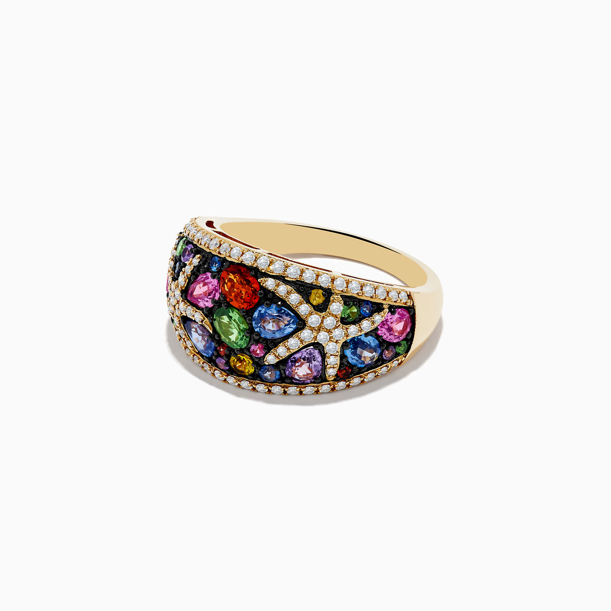 The Watercolors 14K Yellow Gold Multi Sapphire and Diamond Starfish Ring features vibrant sapphires in various shapes and sizes with sparkling diamond accents for a stunning look.