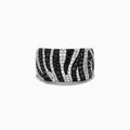 The 14k White Gold Black and White Diamond Zebra Print Ring features alternating rows of black and white diamonds in a bold zebra pattern, set in a polished white gold band against a plain white background.