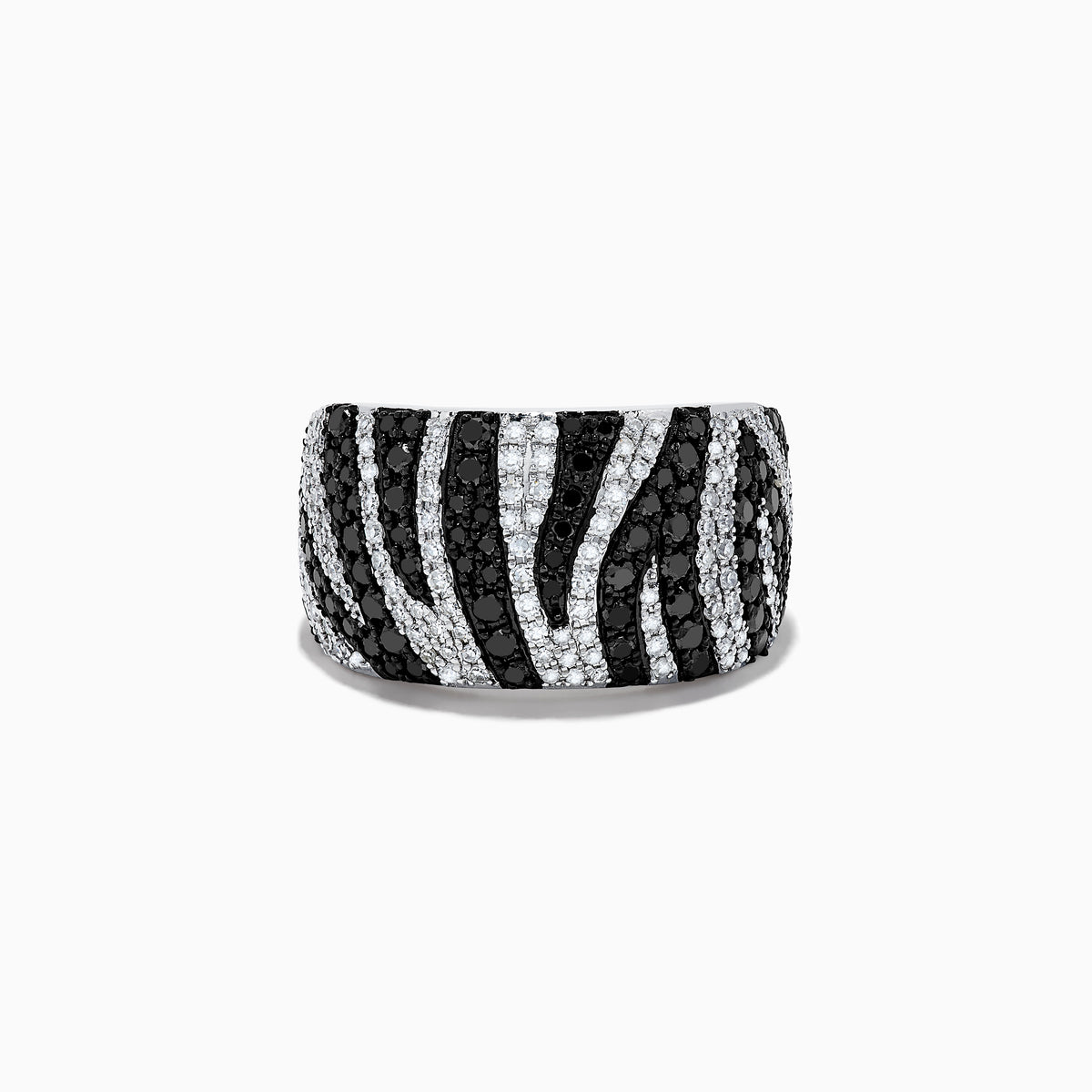 The 14k White Gold Black and White Diamond Zebra Print Ring features alternating rows of black and white diamonds in a bold zebra pattern, set in a polished white gold band against a plain white background.