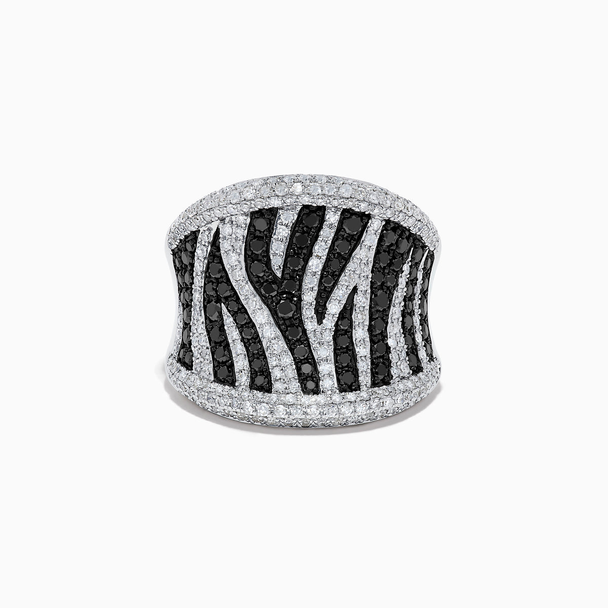 The 14K White Gold Black and White Diamond Zebra Print Ring features a striking zebra-striped pattern, with sparkling black and white diamonds set in a wide, slightly curved band for a bold, textured finish.