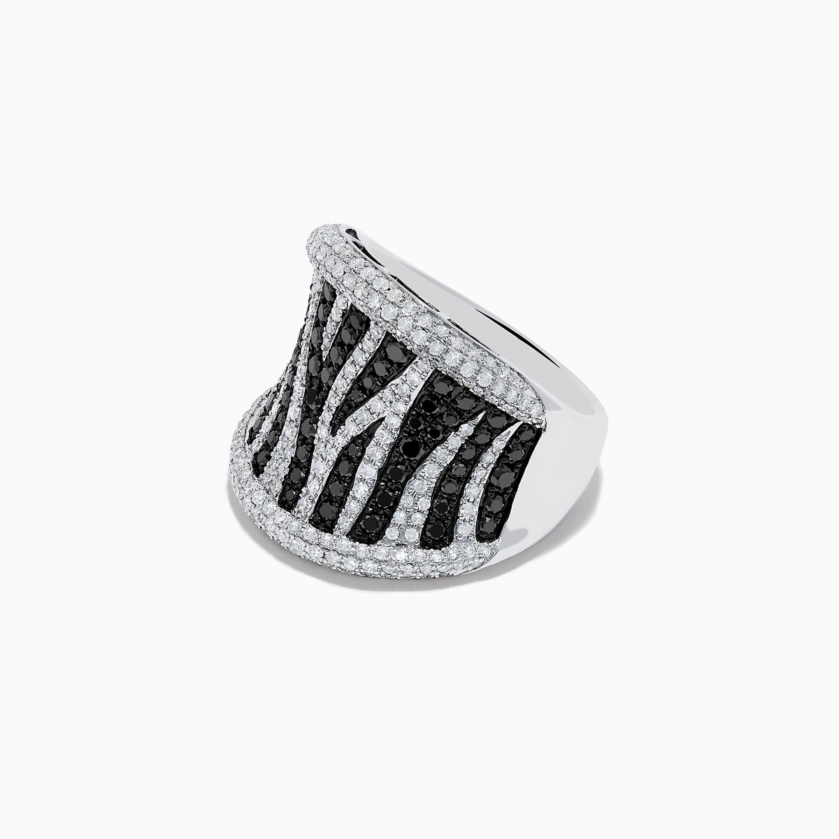 The 14K White Gold Black and White Diamond Zebra Print Ring features a striking zebra-striped pattern, with sparkling black and white diamonds set in a wide, slightly curved band for a bold, textured finish.