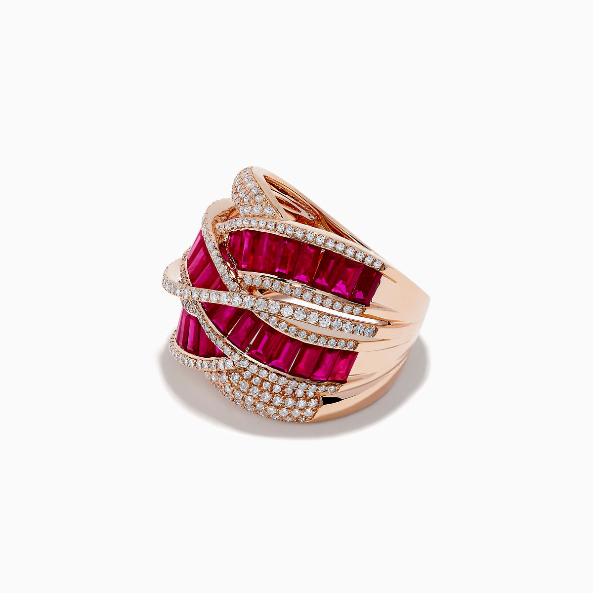 The Ruby Royale 14K Rose Gold Ruby and Diamond Cocktail Ring showcases alternating rows of vibrant rubies and sparkling diamonds in a wavy, interwoven design, set beautifully against a white background.