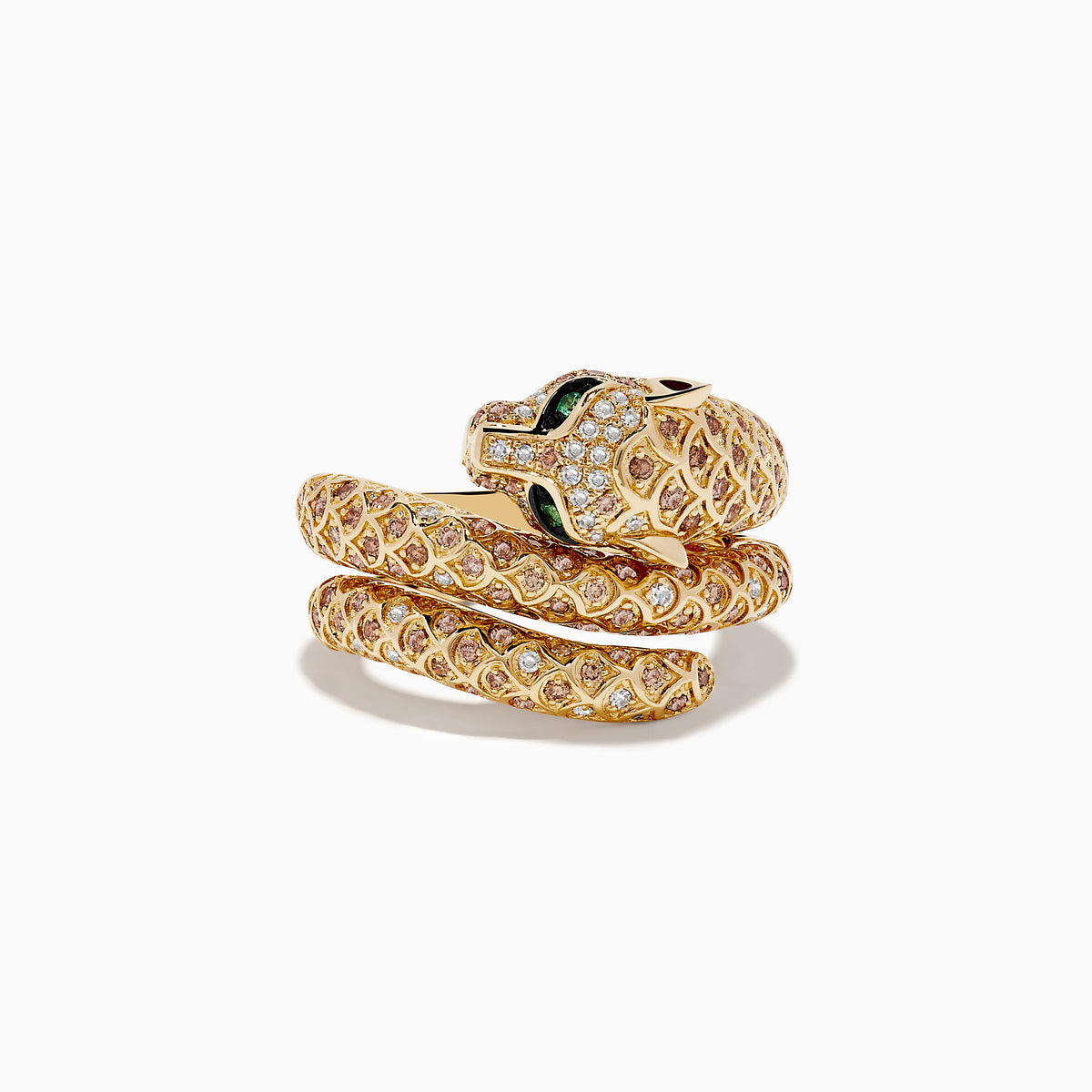Signature 14K Yellow Gold Emerald, Espresso, and White Diamond Ring featuring a panther design with emerald-green gemstone eyes and detailed scales, encrusted with sparkling stones, photographed on a white background.