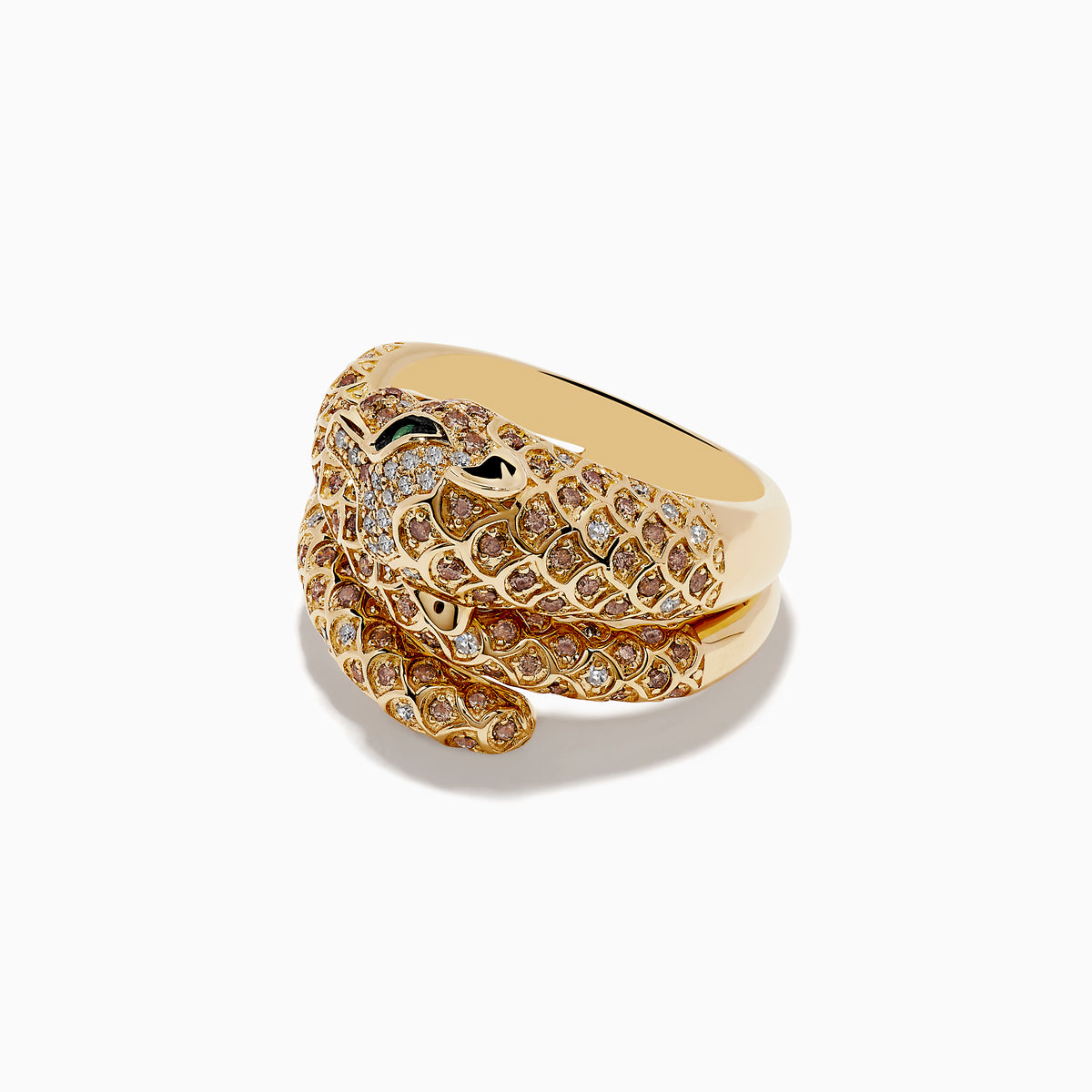 Signature 14K Yellow Gold Emerald, Espresso, and White Diamond Ring featuring a panther design with emerald-green gemstone eyes and detailed scales, encrusted with sparkling stones, photographed on a white background.
