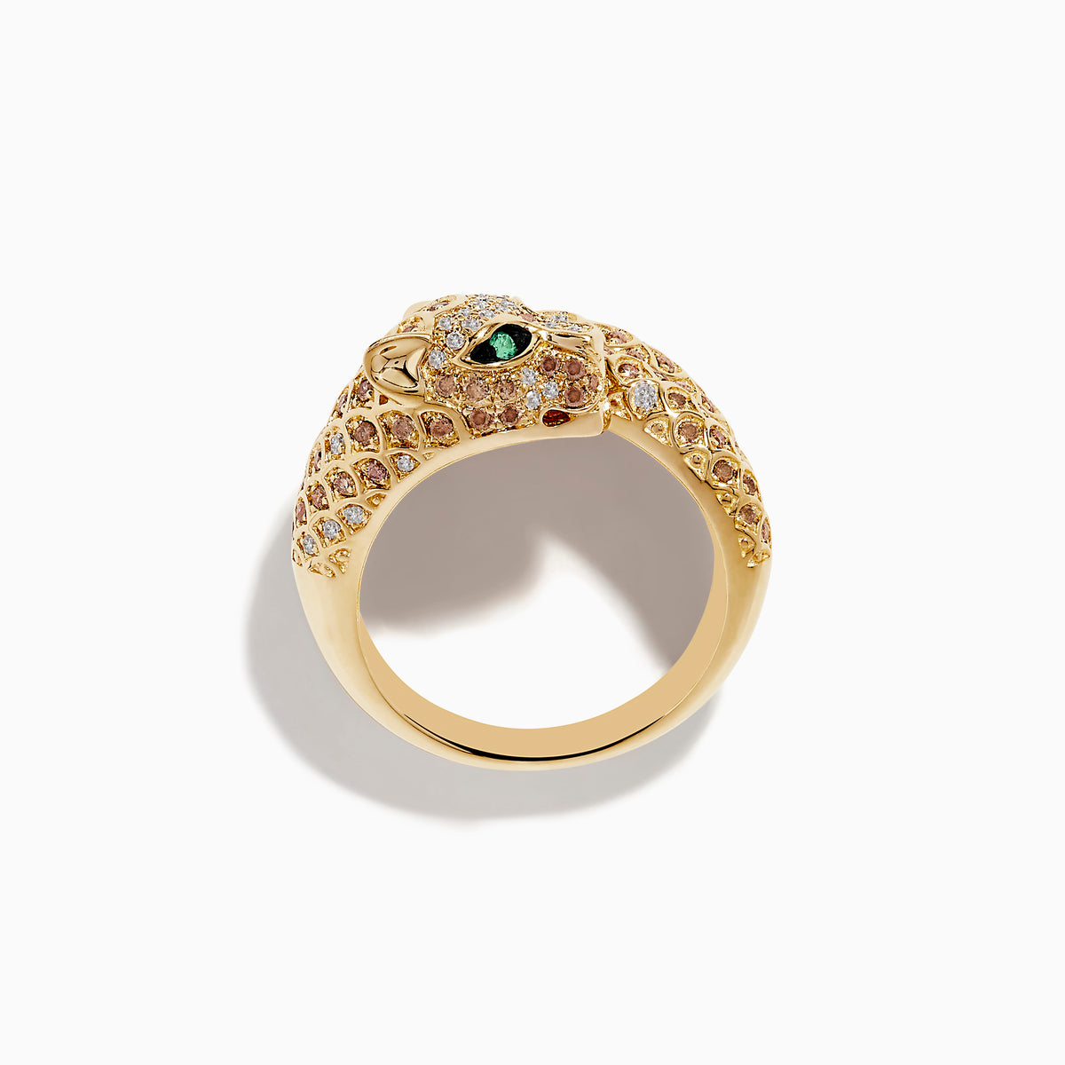 Signature 14K Yellow Gold Emerald, Espresso, and White Diamond Ring featuring a panther design with emerald-green gemstone eyes and detailed scales, encrusted with sparkling stones, photographed on a white background.