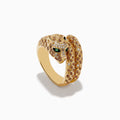 Signature 14K Yellow Gold Emerald, Espresso, and White Diamond Ring featuring a panther design with emerald-green gemstone eyes and detailed scales, encrusted with sparkling stones, photographed on a white background.
