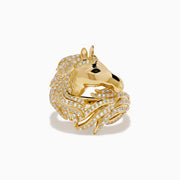 The 14K Yellow Gold White and Black Diamond Horse Ring features a horse’s head and mane design, encrusted with sparkling white and black diamonds, shown against a plain white background.