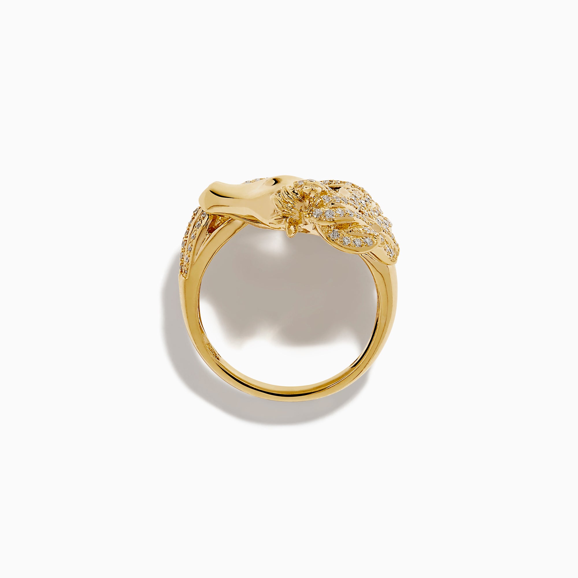 The 14K Yellow Gold White and Black Diamond Horse Ring features a horse’s head and mane design, encrusted with sparkling white and black diamonds, shown against a plain white background.