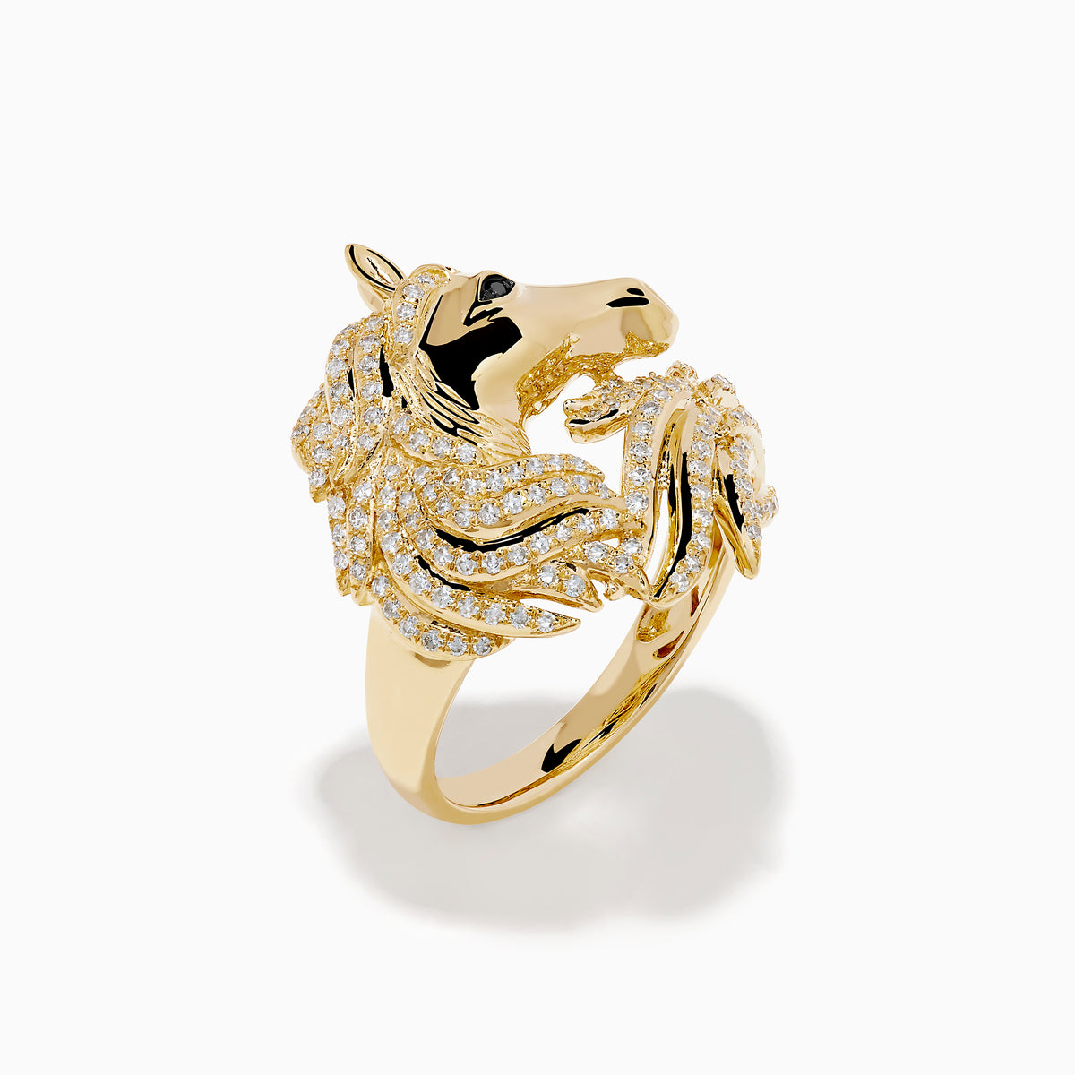 The 14K Yellow Gold White and Black Diamond Horse Ring features a horse’s head and mane design, encrusted with sparkling white and black diamonds, shown against a plain white background.