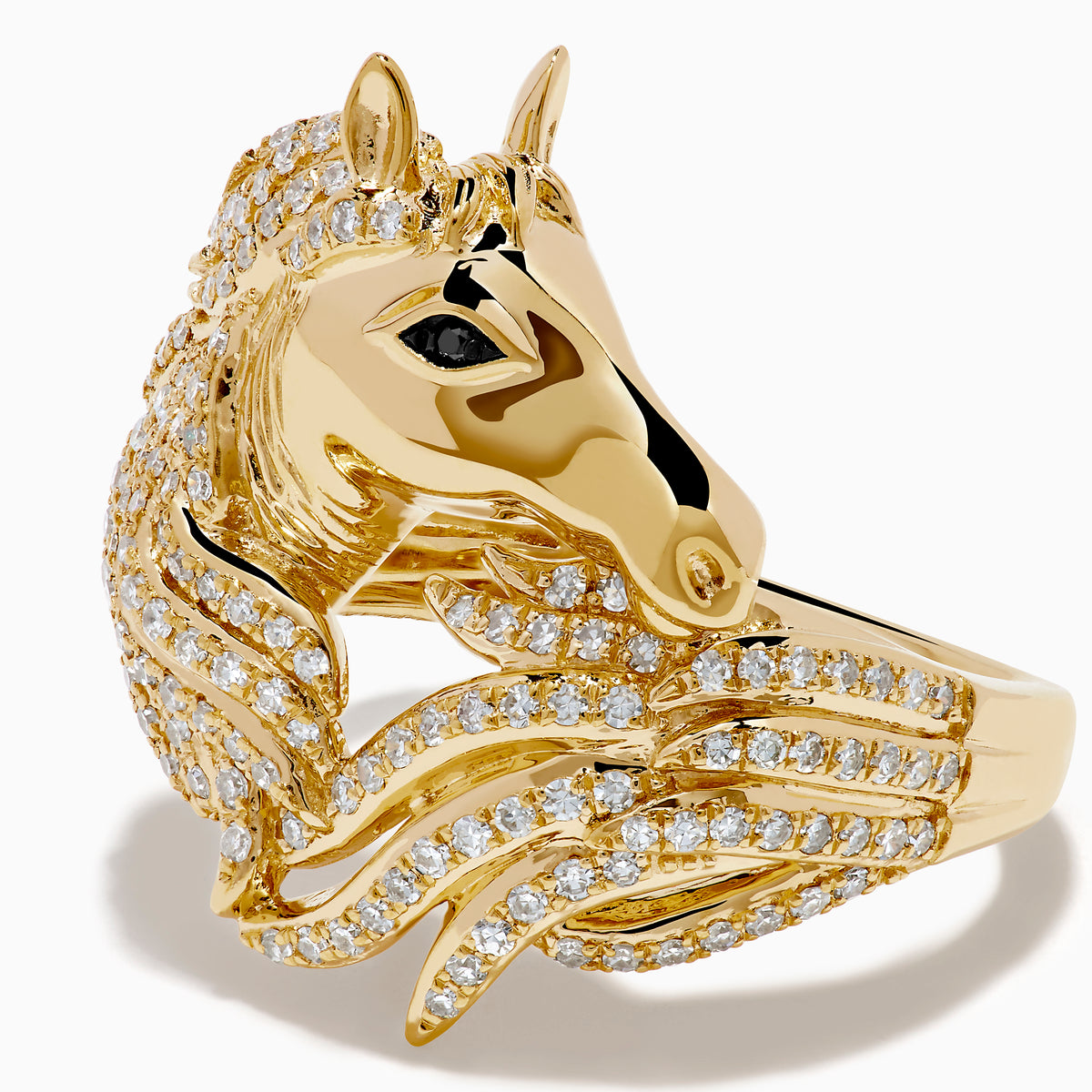 The 14K Yellow Gold White and Black Diamond Horse Ring features a horse’s head and mane design, encrusted with sparkling white and black diamonds, shown against a plain white background.