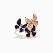 The 14K Rose Gold Diamond and Natural Sapphire Butterfly Ring showcases three butterflies—two accented with natural sapphires and one with diamonds—set on a plain rose gold band.