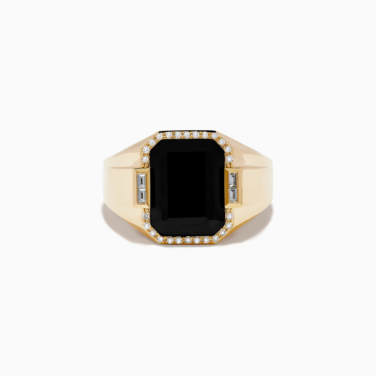 The Mens 14K Yellow Gold Onyx and Diamond Ring showcases a large rectangular onyx centerpiece framed by round diamonds, accented with two baguette-cut clear stones on each side.
