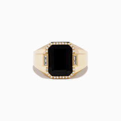 The Mens 14K Yellow Gold Onyx and Diamond Ring showcases a large rectangular onyx centerpiece framed by round diamonds, accented with two baguette-cut clear stones on each side.
