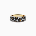 The 14K Yellow Gold Black, White and Brown Diamond Leopard Print Ring is shown on a white background, featuring black, white, and brown diamonds set around the band.