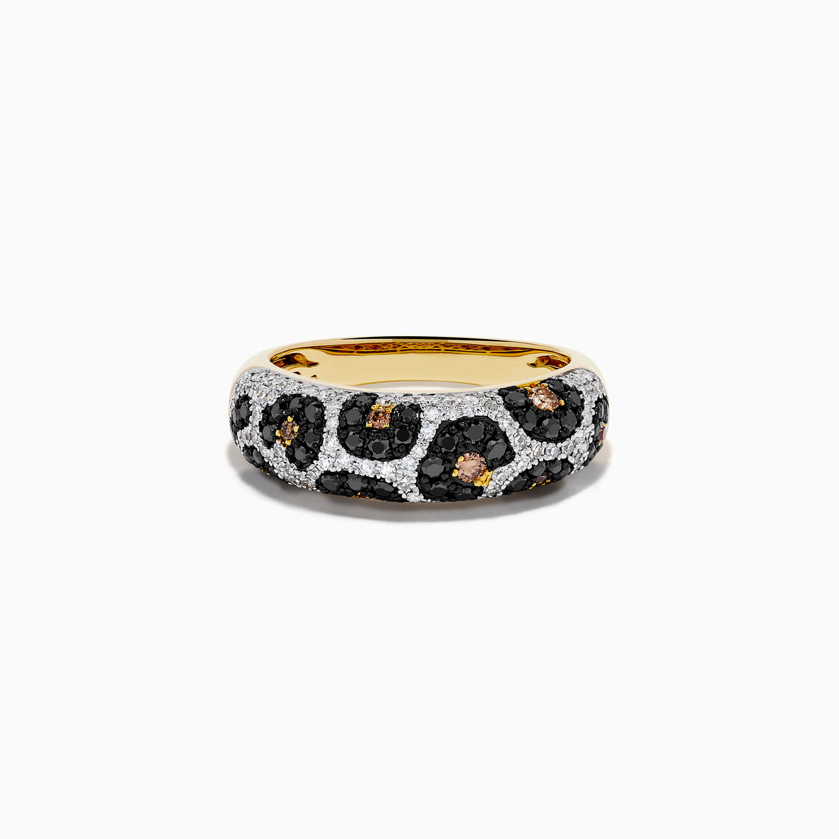 The 14K Yellow Gold Black, White and Brown Diamond Leopard Print Ring is shown on a white background, featuring black, white, and brown diamonds set around the band.