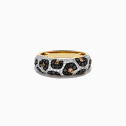 The 14K Yellow Gold Black, White and Brown Diamond Leopard Print Ring is shown on a white background, featuring black, white, and brown diamonds set around the band.