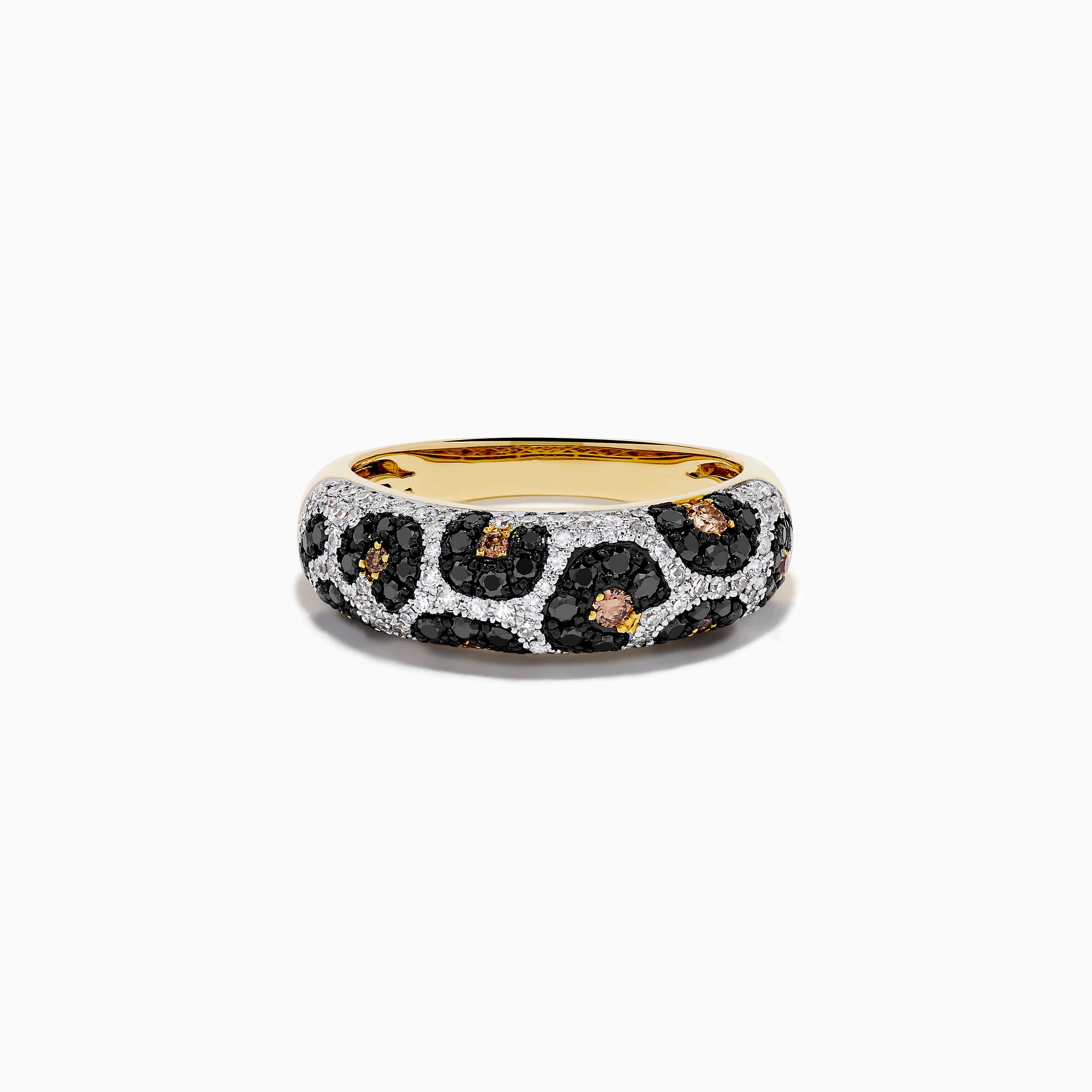 The 14K Yellow Gold Black, White and Brown Diamond Leopard Print Ring is shown on a white background, featuring black, white, and brown diamonds set around the band.