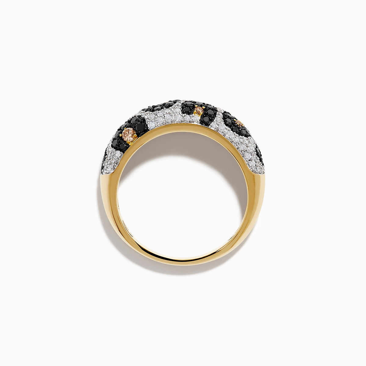The 14K Yellow Gold Black, White and Brown Diamond Leopard Print Ring is shown on a white background, featuring black, white, and brown diamonds set around the band.