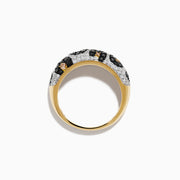The 14K Yellow Gold Black, White and Brown Diamond Leopard Print Ring is shown on a white background, featuring black, white, and brown diamonds set around the band.