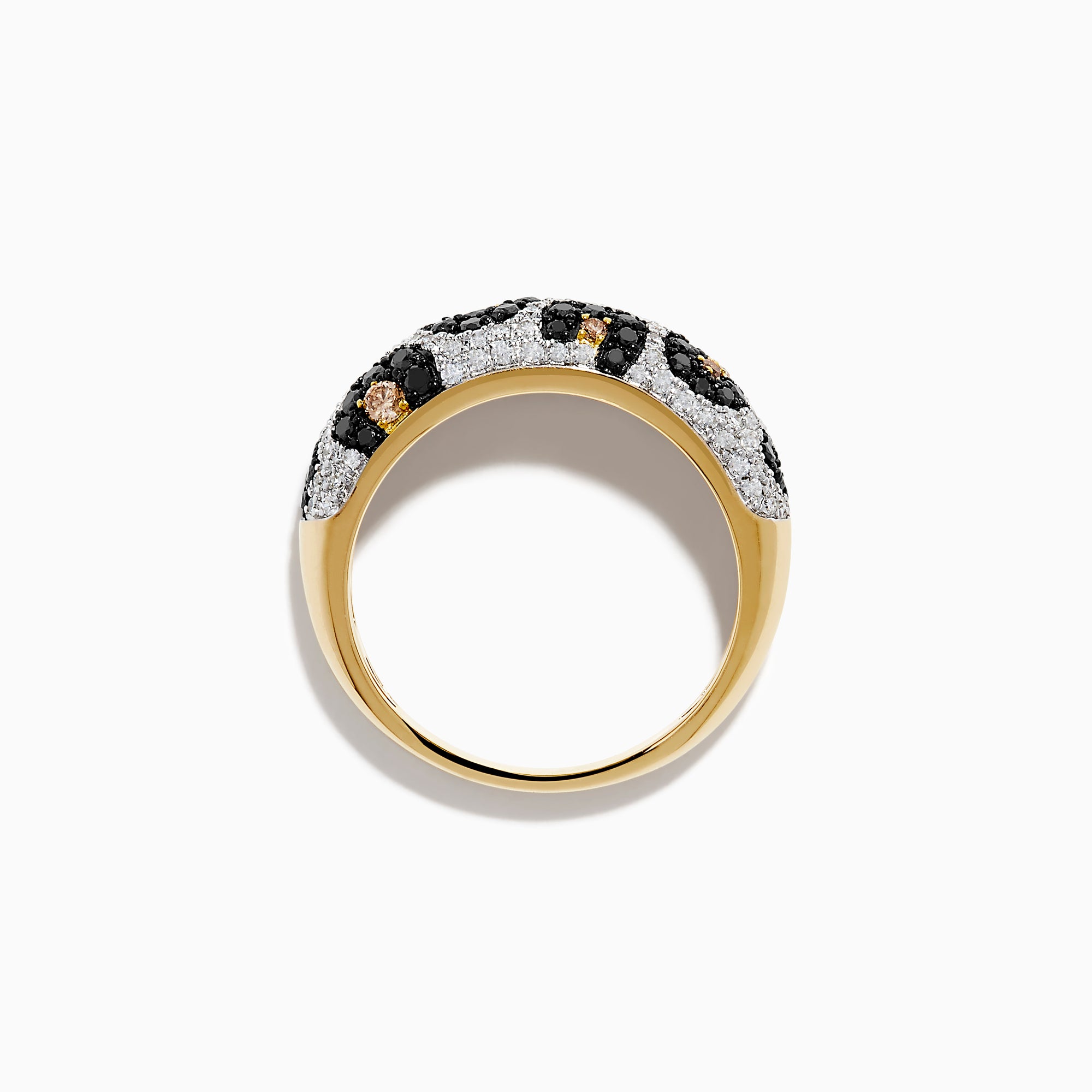 The 14K Yellow Gold Black, White and Brown Diamond Leopard Print Ring is shown on a white background, featuring black, white, and brown diamonds set around the band.