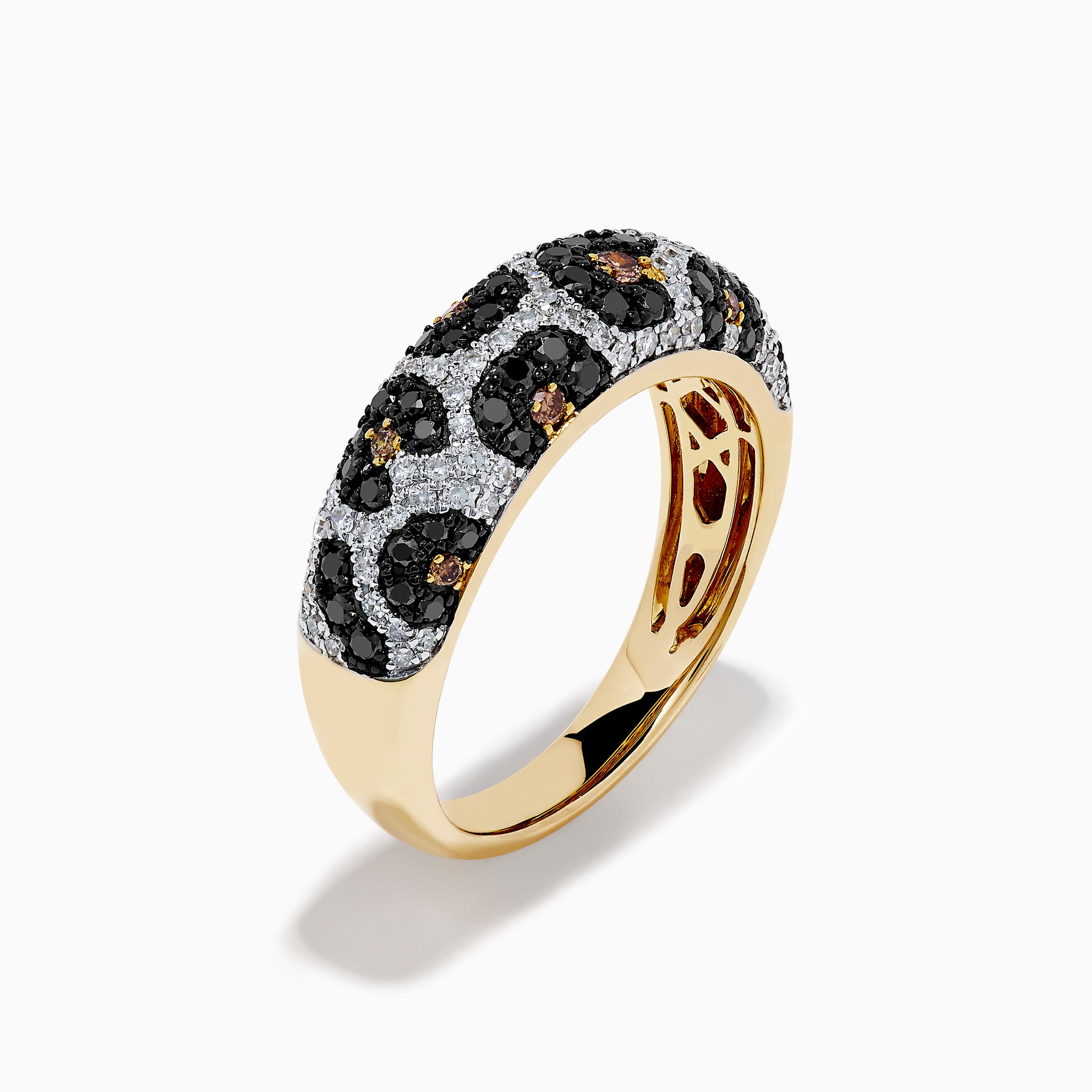 The 14K Yellow Gold Black, White and Brown Diamond Leopard Print Ring is shown on a white background, featuring black, white, and brown diamonds set around the band.