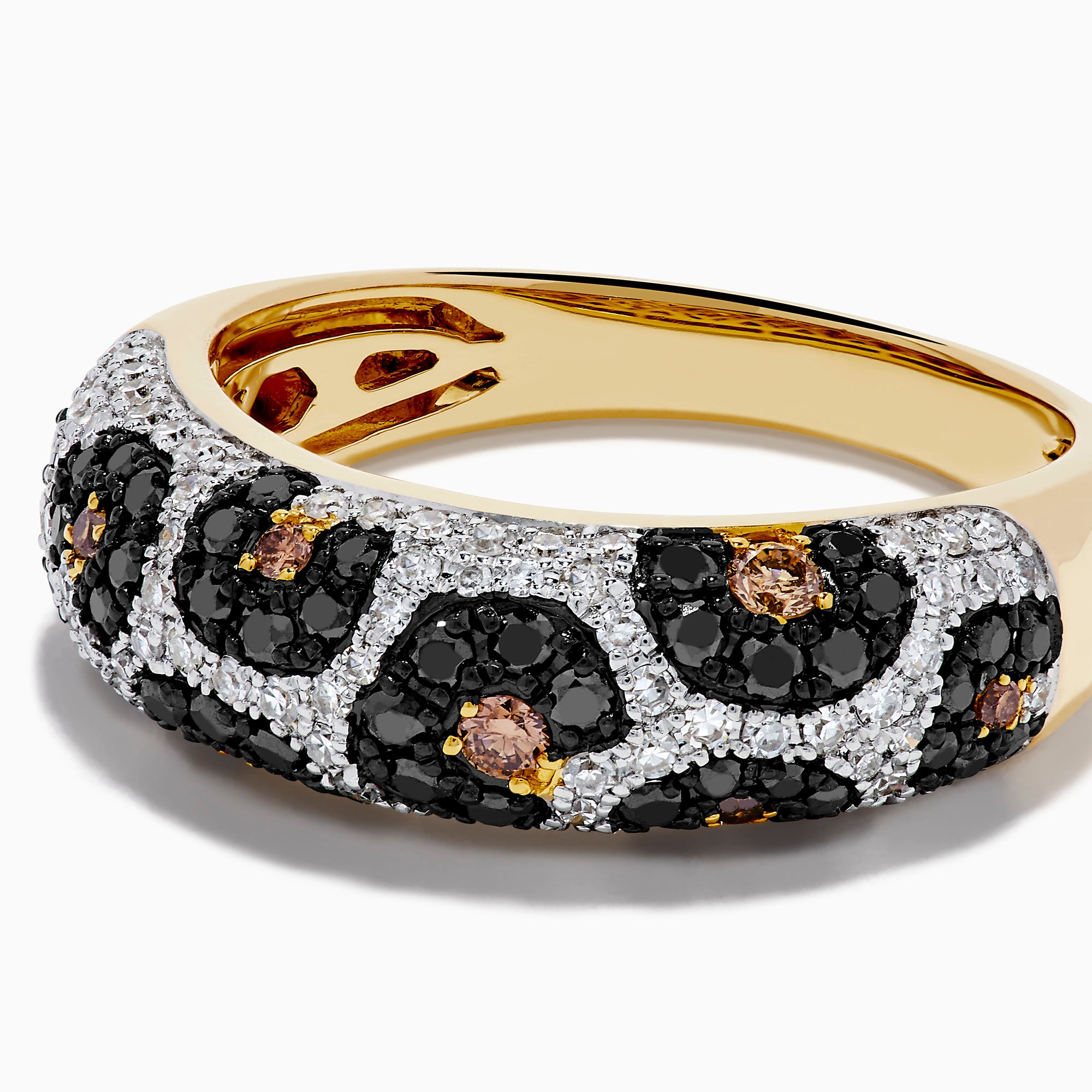 The 14K Yellow Gold Black, White and Brown Diamond Leopard Print Ring is shown on a white background, featuring black, white, and brown diamonds set around the band.