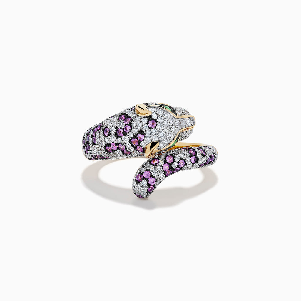 The Signature 14K Yellow Gold Pink Sapphire and Diamond Panther Ring features a graceful panther design with pink sapphires, diamonds, and emerald-green eyes, the band elegantly curving into the panther’s head and tail.