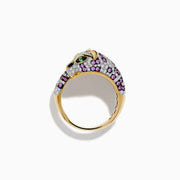 The Signature 14K Yellow Gold Pink Sapphire and Diamond Panther Ring features a graceful panther design with pink sapphires, diamonds, and emerald-green eyes, the band elegantly curving into the panther’s head and tail.
