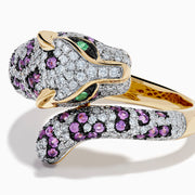 The Signature 14K Yellow Gold Pink Sapphire and Diamond Panther Ring features a graceful panther design with pink sapphires, diamonds, and emerald-green eyes, the band elegantly curving into the panther’s head and tail.