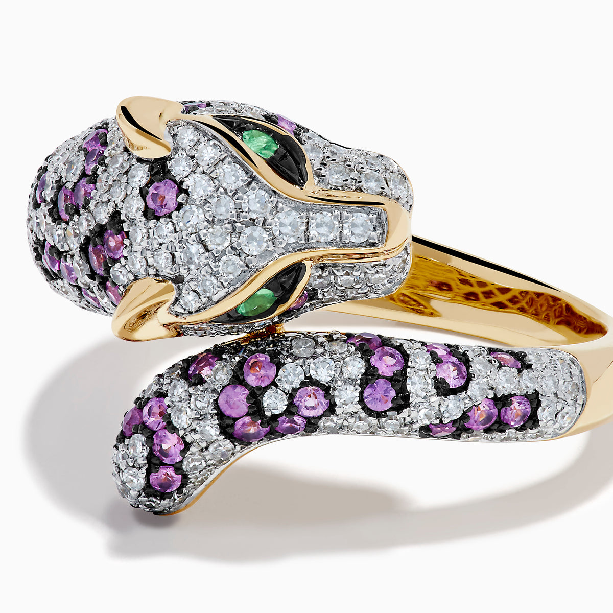 The Signature 14K Yellow Gold Pink Sapphire and Diamond Panther Ring features a graceful panther design with pink sapphires, diamonds, and emerald-green eyes, the band elegantly curving into the panther’s head and tail.