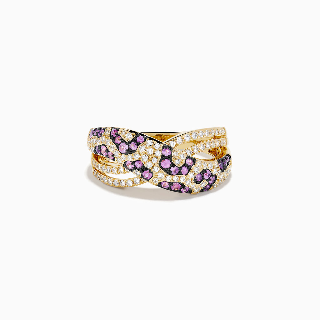 The Signature 14K Yellow Gold Pink Sapphire and Diamond Panther Print Ring features an intricate design with sparkling white diamonds and pink sapphires, shown against a white background.