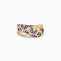 The Signature 14K Yellow Gold Pink Sapphire and Diamond Panther Print Ring features an intricate design with sparkling white diamonds and pink sapphires, shown against a white background.