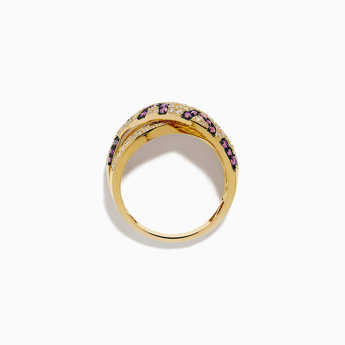 The Signature 14K Yellow Gold Pink Sapphire and Diamond Panther Print Ring features an intricate design with sparkling white diamonds and pink sapphires, shown against a white background.
