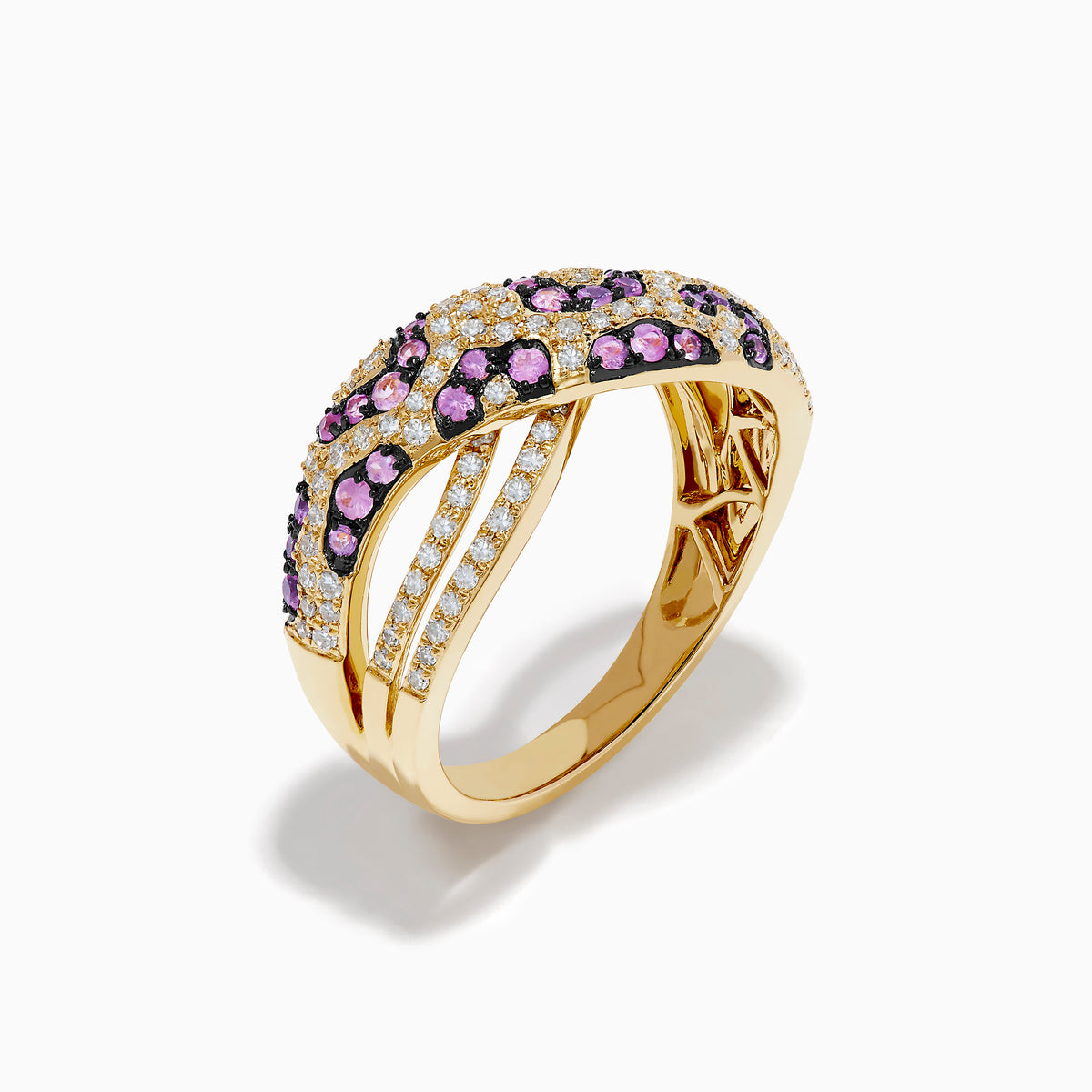 The Signature 14K Yellow Gold Pink Sapphire and Diamond Panther Print Ring features an intricate design with sparkling white diamonds and pink sapphires, shown against a white background.