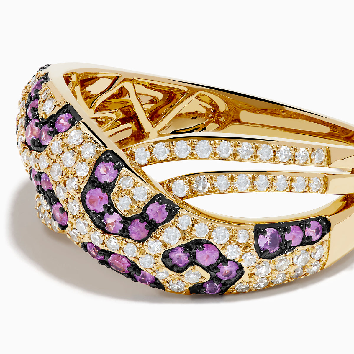 The Signature 14K Yellow Gold Pink Sapphire and Diamond Panther Print Ring features an intricate design with sparkling white diamonds and pink sapphires, shown against a white background.