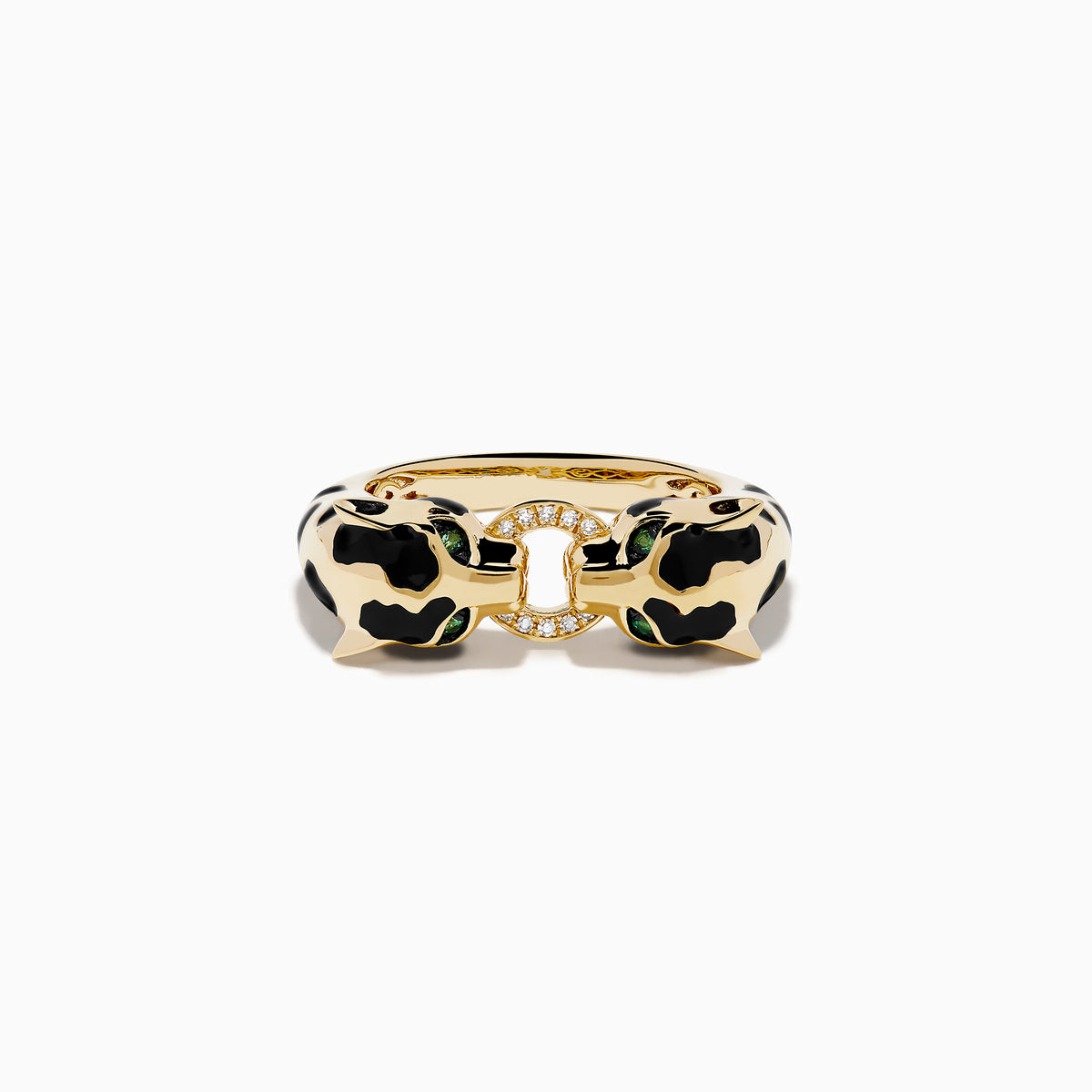 The Signature 14K Yellow Gold Diamond and Natural Emerald Ring features two panther heads with black and green enamel details, facing each other and joined at the center by a diamond-studded link.