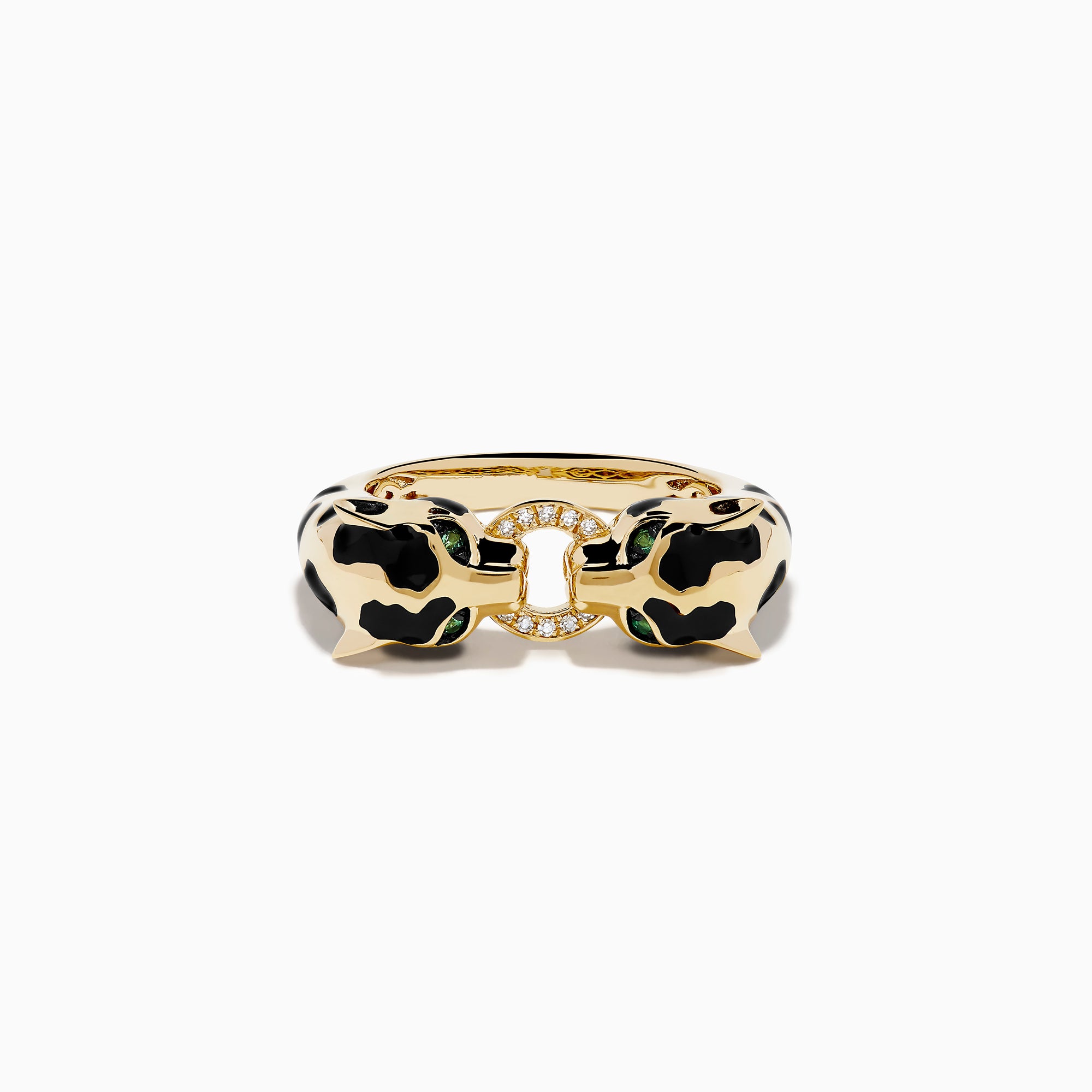 The Signature 14K Yellow Gold Diamond and Natural Emerald Ring features two panther heads with black and green enamel details, facing each other and joined at the center by a diamond-studded link.