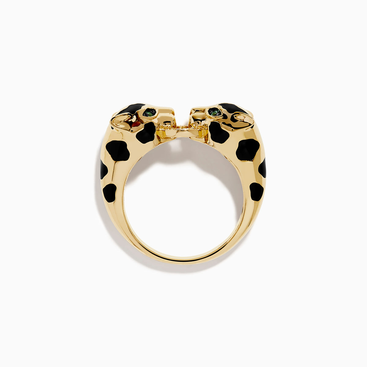 The Signature 14K Yellow Gold Diamond and Natural Emerald Ring features two panther heads with black and green enamel details, facing each other and joined at the center by a diamond-studded link.