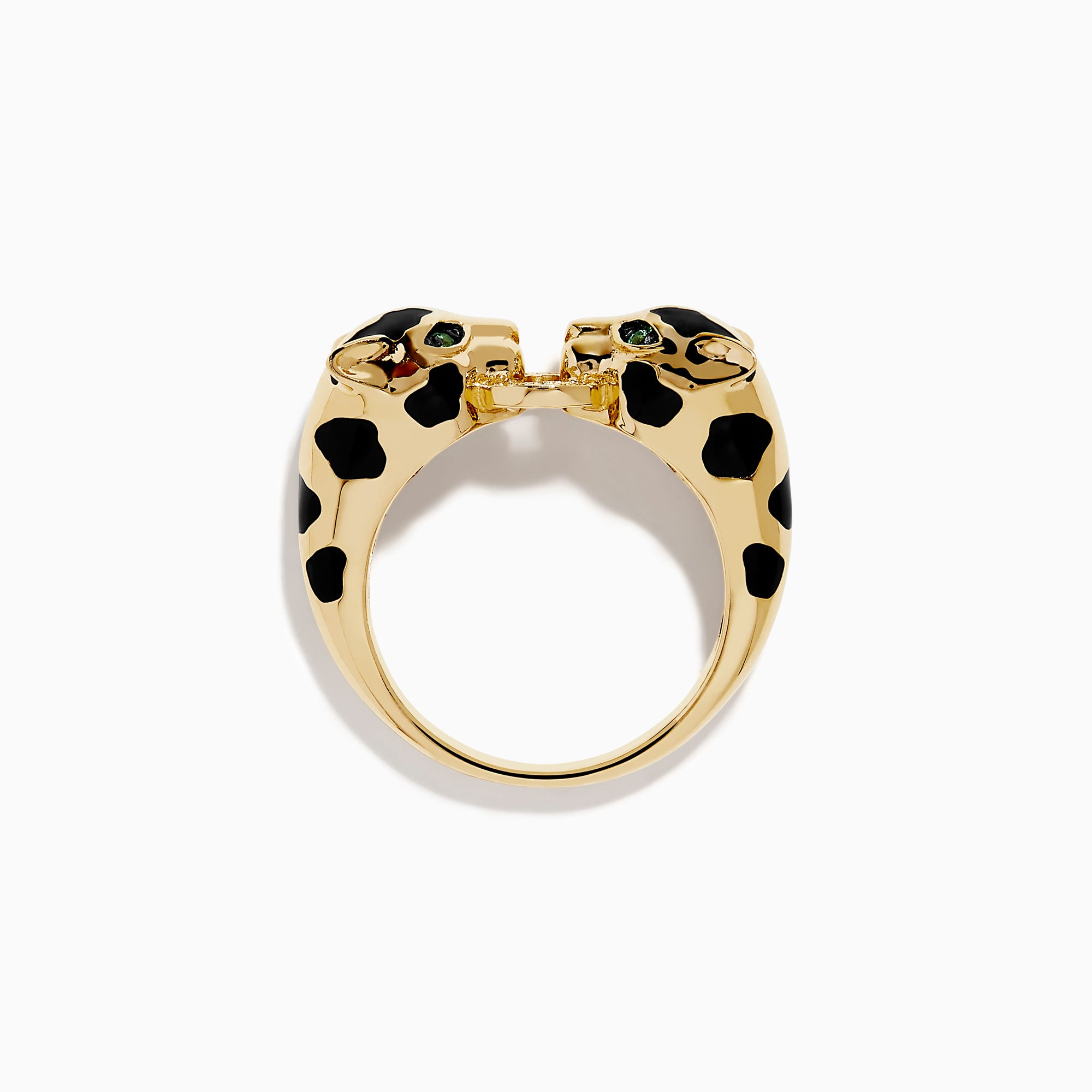 The Signature 14K Yellow Gold Diamond and Natural Emerald Ring features two panther heads with black and green enamel details, facing each other and joined at the center by a diamond-studded link.