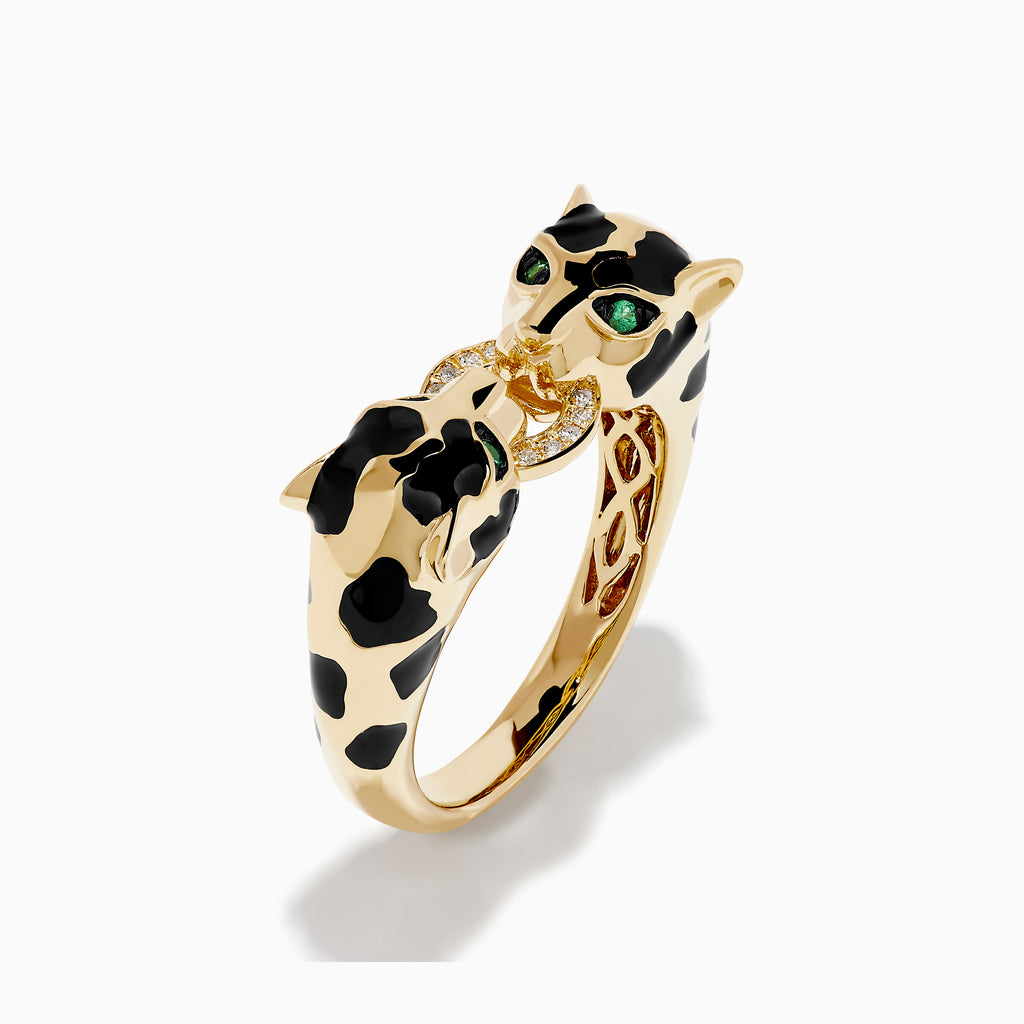 The Signature 14K Yellow Gold Diamond and Natural Emerald Ring features two panther heads with black and green enamel details, facing each other and joined at the center by a diamond-studded link.