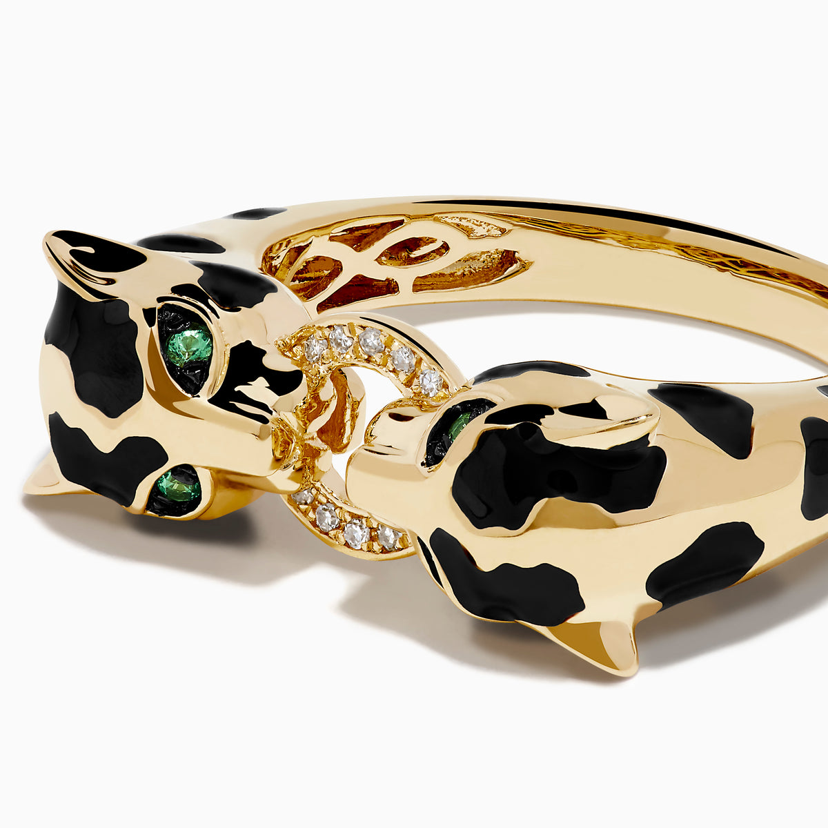 The Signature 14K Yellow Gold Diamond and Natural Emerald Ring features two panther heads with black and green enamel details, facing each other and joined at the center by a diamond-studded link.