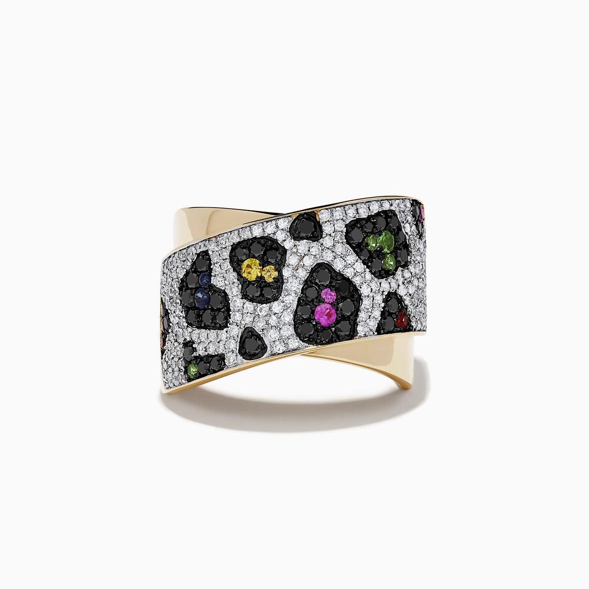 The Signature 14K Yellow Gold Ring features an animal print design with multi sapphires, black and white diamonds.