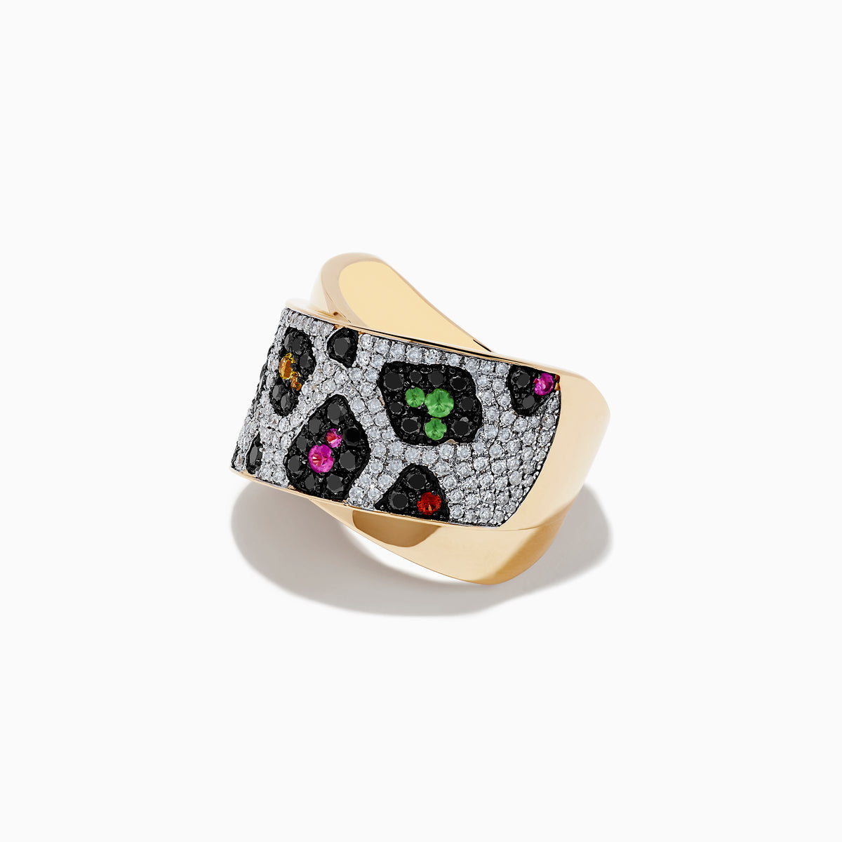 The Signature 14K Yellow Gold Ring features an animal print design with multi sapphires, black and white diamonds.