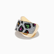 The Signature 14K Yellow Gold Ring features an animal print design with multi sapphires, black and white diamonds.