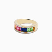 The Watercolors 14K Yellow Gold Multi Sapphire and Diamond Ring features a row of rectangular sapphires in rainbow order, bordered by sparkling white diamonds, all set against a plain white background.