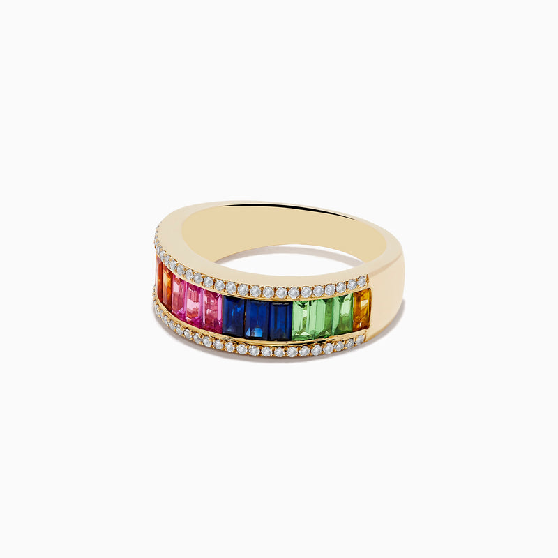 The Watercolors 14K Yellow Gold Multi Sapphire and Diamond Ring features a row of rectangular sapphires in rainbow order, bordered by sparkling white diamonds, all set against a plain white background.
