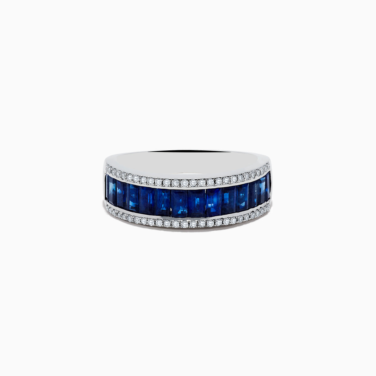 The Royale Bleu 14K White Gold Blue Sapphire and Diamond Ring showcases a central row of rectangular blue sapphires bordered by rows of sparkling diamonds, set against a white background.