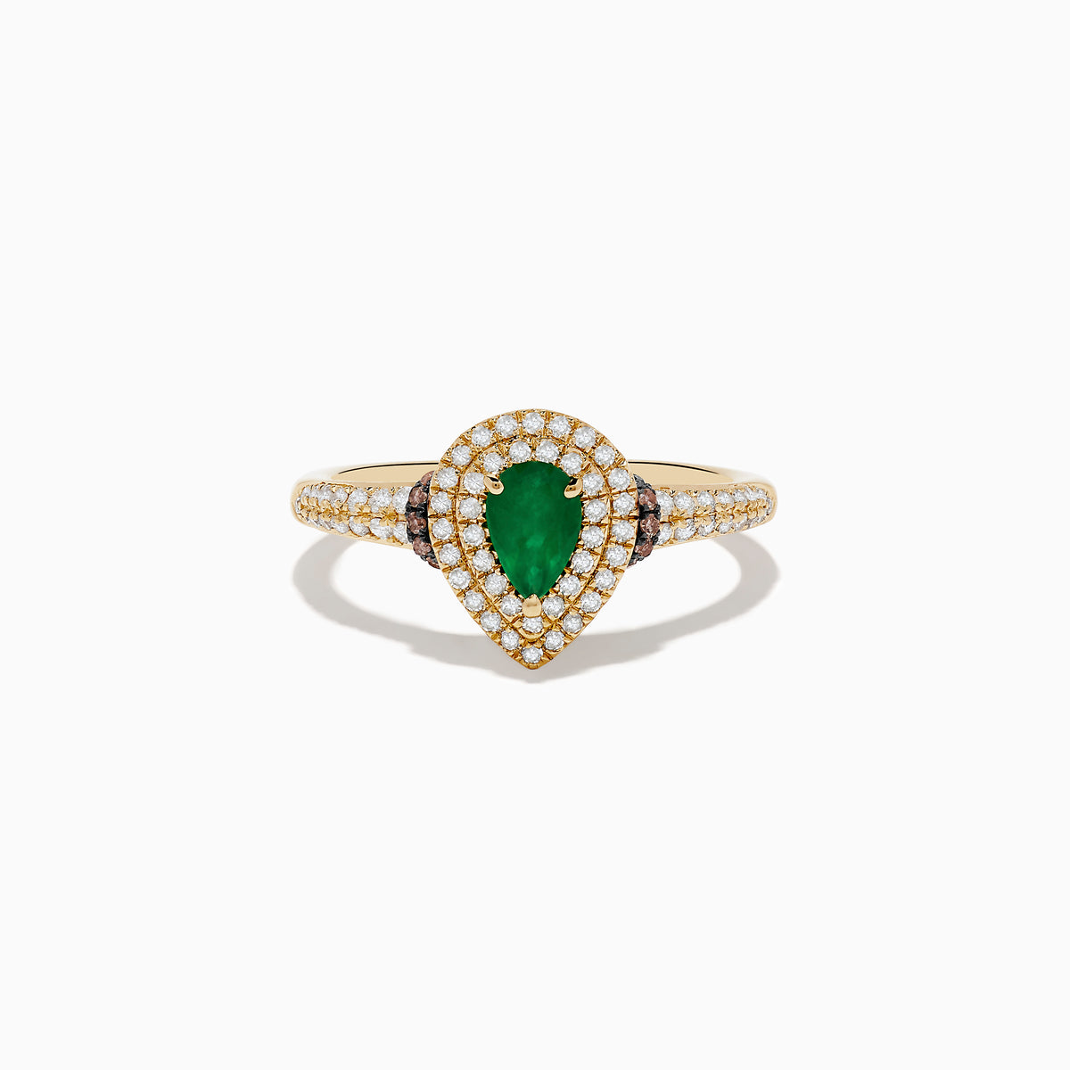 The Brasilica 14K Yellow Gold Emerald, White and Espresso Diamond Ring features a pear-shaped emerald center, two rows of sparkling diamonds, and additional diamonds adorning the band.