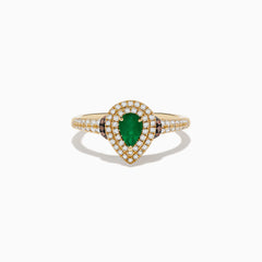 The Brasilica 14K Yellow Gold Emerald, White and Espresso Diamond Ring features a pear-shaped emerald center, two rows of sparkling diamonds, and additional diamonds adorning the band.