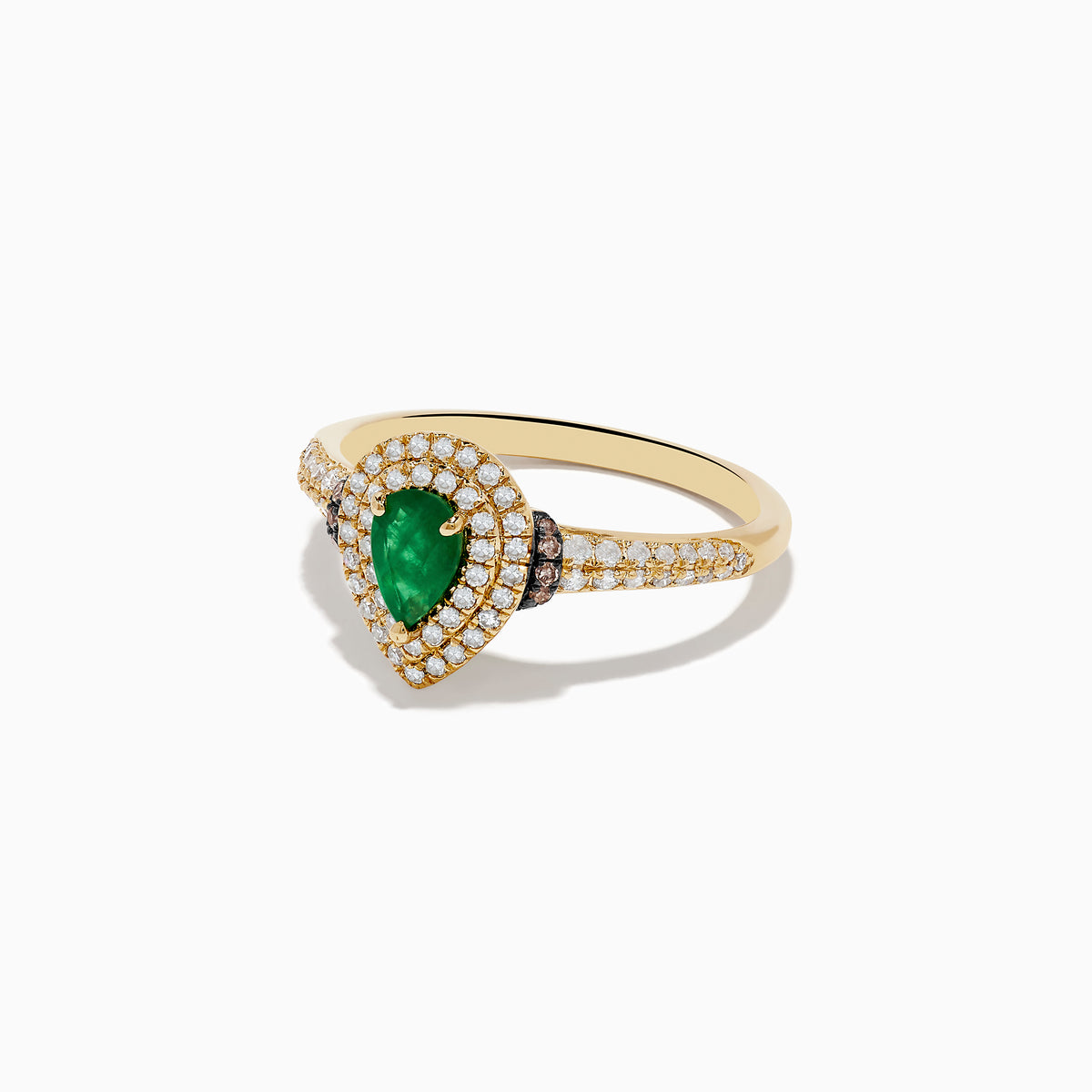 The Brasilica 14K Yellow Gold Emerald, White and Espresso Diamond Ring features a pear-shaped emerald center, two rows of sparkling diamonds, and additional diamonds adorning the band.